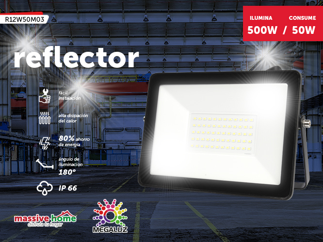 reflector megaluz llr-018 r12w50m03, 50w, ilumina 500w, certificacion ip66, panel transparente, luz fria, 4500lm