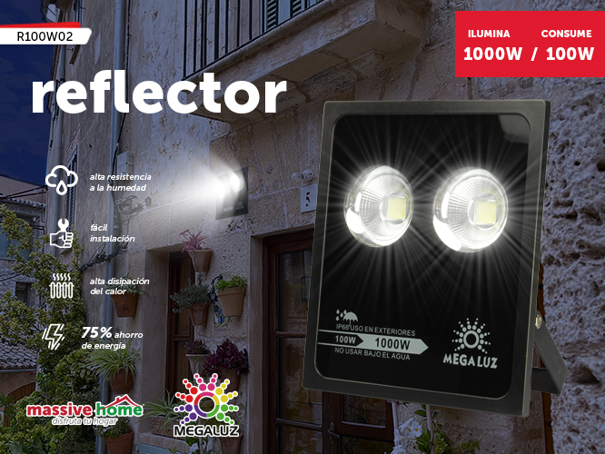 reflector megaluz llr-009 r100w02, 100w, equivale a 1000w, certificado ip66, apto para uso en exteriores