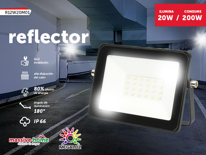 reflector megaluz llr-016 r12w20m01, 20w, equivale a 200w, resistente, para uso en exteriores