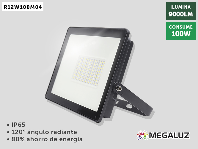 reflector megaluz llr-019 r12w100m04, 100w, equivale a 1000w, 9000lm, ip66 para uso en exteriores, facil de instalar