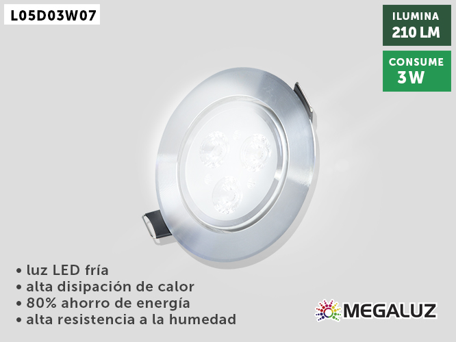 luminario led para empotrar megaluz 3w, incandescente 18w, l05d03w07